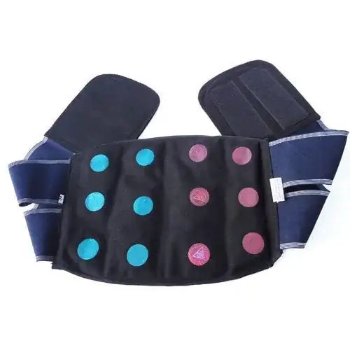 Dark acupressure magnetic belt with blue side panels and round stimulation pads