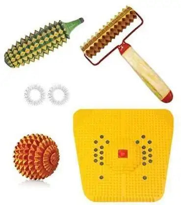 Foot acupressure roller and stress mat kit with yellow square pad and textured rollers