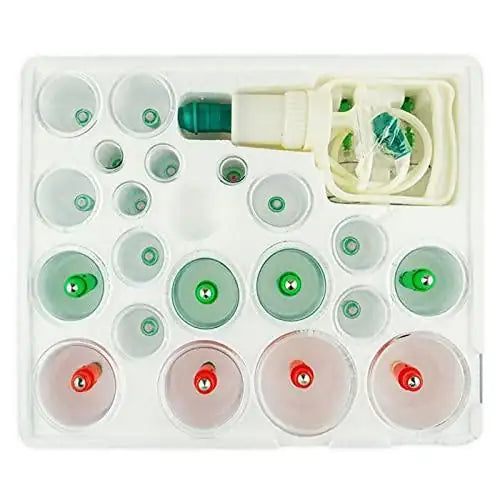 Vacuum cupping set of 24 silicone cups with valves in storage tray