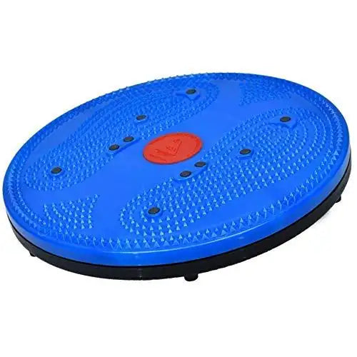 Acupressure twister mat with blue textured disk and red center button, black base