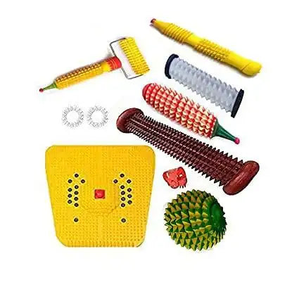 Yellow acupressure mat with wooden roller and spiky massage ball tools