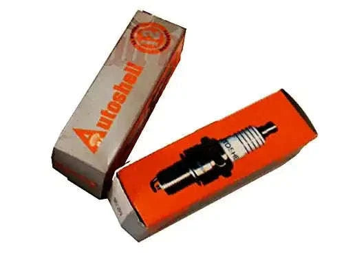 Autoshell spark plug set, 4 pack in orange boxes with visible spark plugs