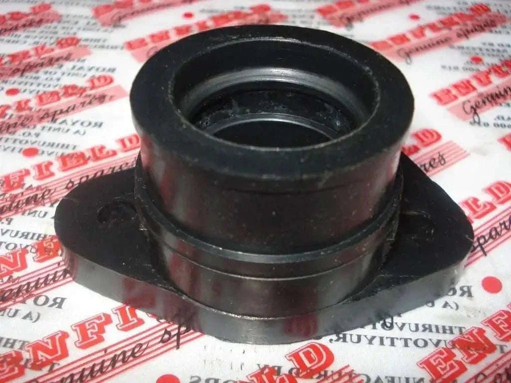 Enfield carburetor manifold with black rubber intake sleeve and mounting flange