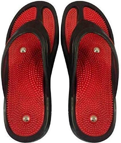 Red and black flip flop sandals with magnetic-style stud accents on footbeds