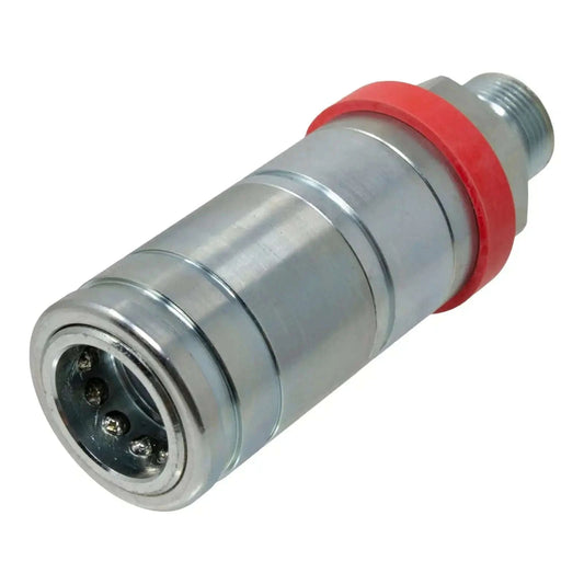 Female hydraulic quick release coupling with red collar and silver metal body