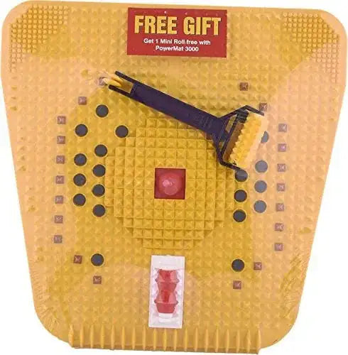 Yellow acupressure mat with raised nubs and black straps