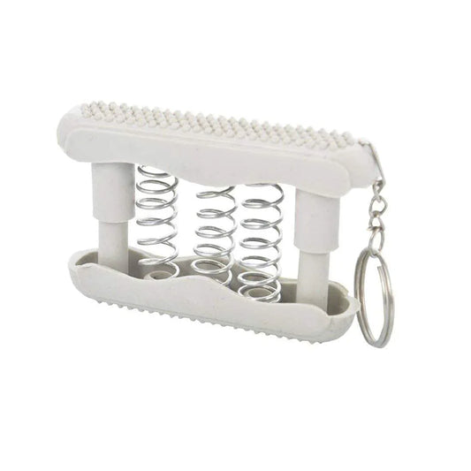 Hand exerciser with spiked springs, white wooden base, and metal keychain loop