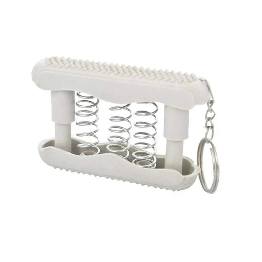 Hand exerciser with spiked springs, white wooden base, and metal keychain loop
