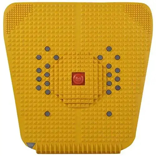 Yellow acupressure mat with raised spikes and magnet dot clusters