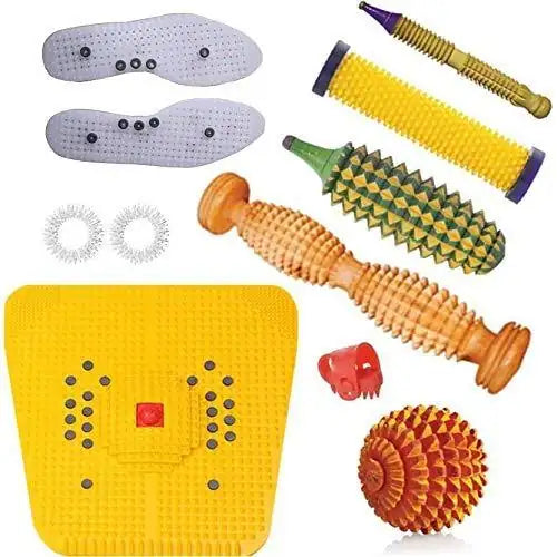 Acupressure fitness tools kit with multi-color rollers, massage pads, and acupressure spiky discs