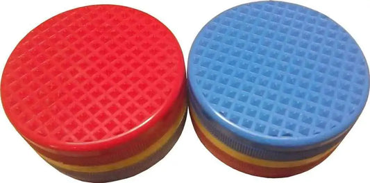 Pyramidal magnet discs with textured diamond pattern, red and blue round tops