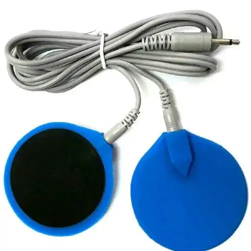 Stimulation pad set with two circular blue and black electrode pads and wired connector