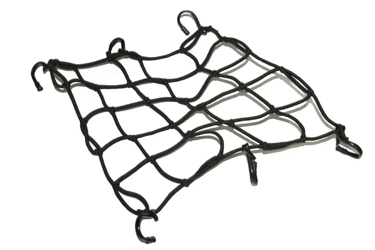 Black mesh luggage holding net with six metal hooks