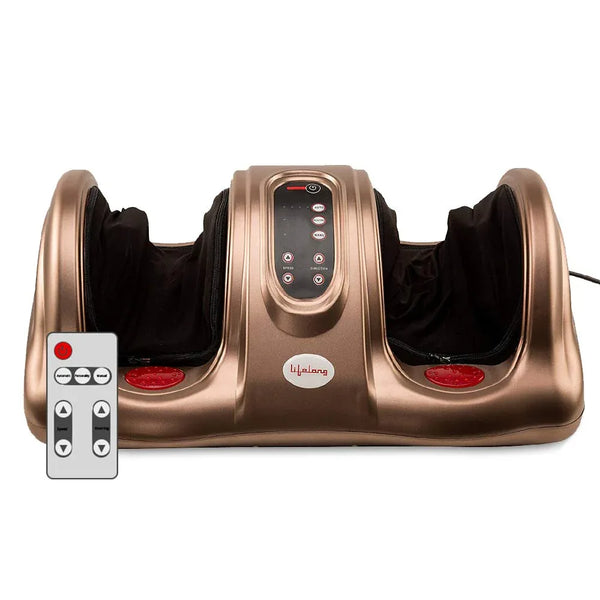 Brown foot massager with heat, dual rollers, built-in control panel and side buttons