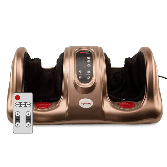 Brown foot massager with heat, dual rollers, built-in control panel and side buttons
