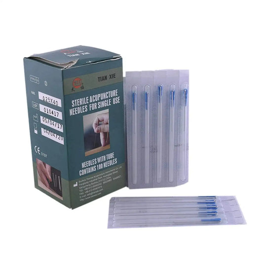 Acupuncture needle box with 100 sterile needles and clear tubes, blue tips