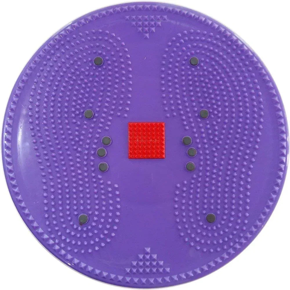 Purple acupressure twister disc mat with textured bumps and red square magnet