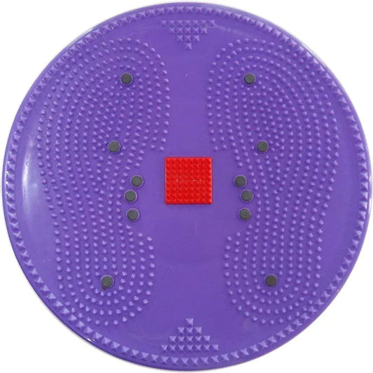 Purple acupressure twister disc mat with textured bumps and red square magnet