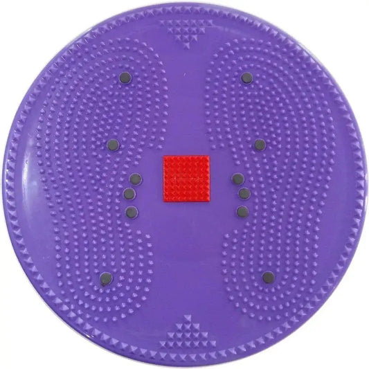 Purple acupressure twister disc mat with textured bumps and red square magnet