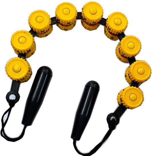 Acupressure wheel massager with yellow pyramid rollers and black handles