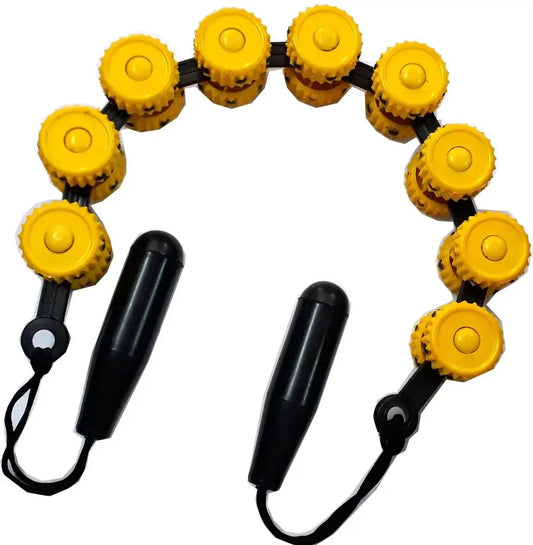 Acupressure wheel massager with yellow pyramid rollers and black handles