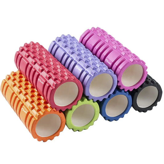 Acupressure foam roller set with ribbed texture and hollow end grips, multicolor