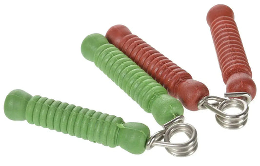 Acupressure hand grips pair with green and red ridged rollers and metal spring rings