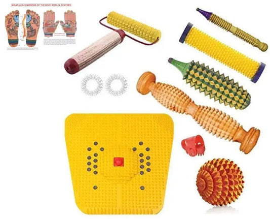 Yellow acupressure mat with wooden foot rollers and round massage roller