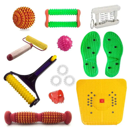 Acupressure mat and roller set with green foot pads, rollers, and spiked balls