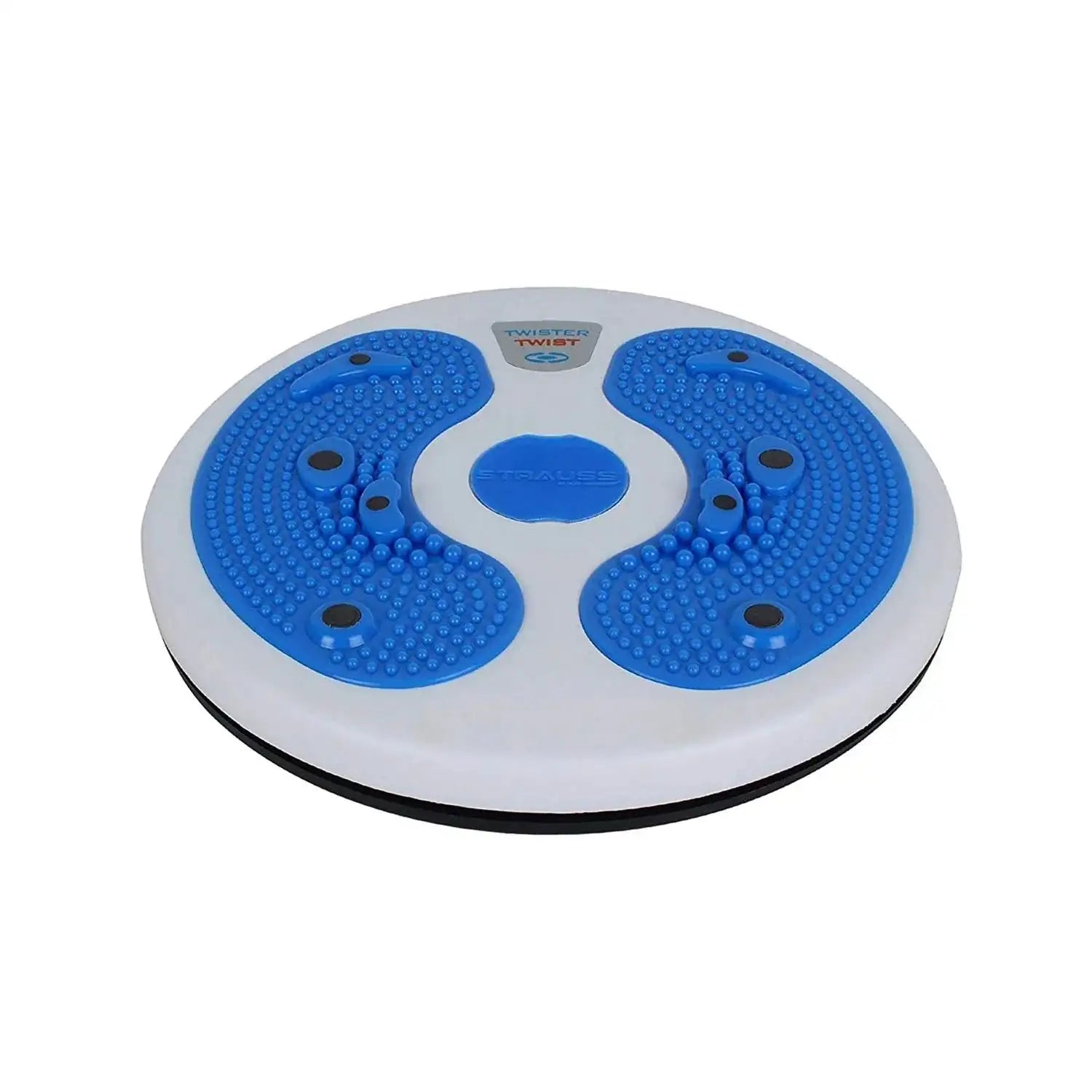 Round exercise balance disc with blue grip pads and center knob