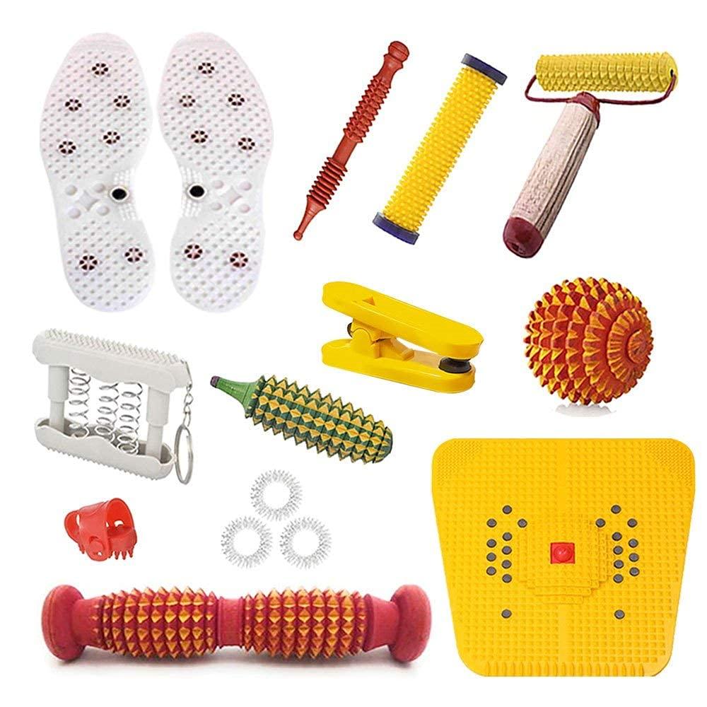 Acupressure tools combo kit with yellow mat, rollers, spiked discs, and white foot pads