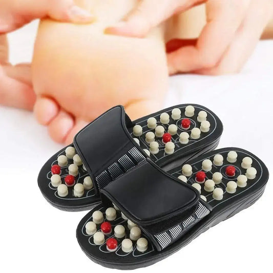Magnetic therapy slide sandals, black with bead-studded insole and red accents