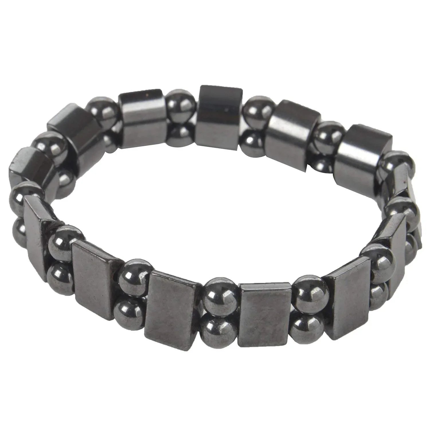 Magnetic acupressure bracelet with dark metallic square links and round beads