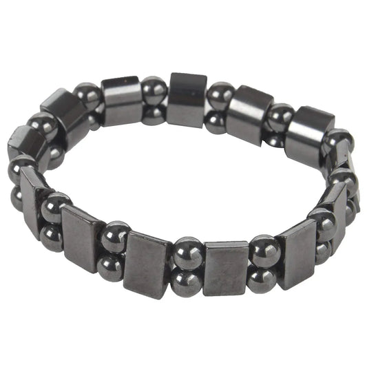 Magnetic acupressure bracelet with dark metallic square links and round beads