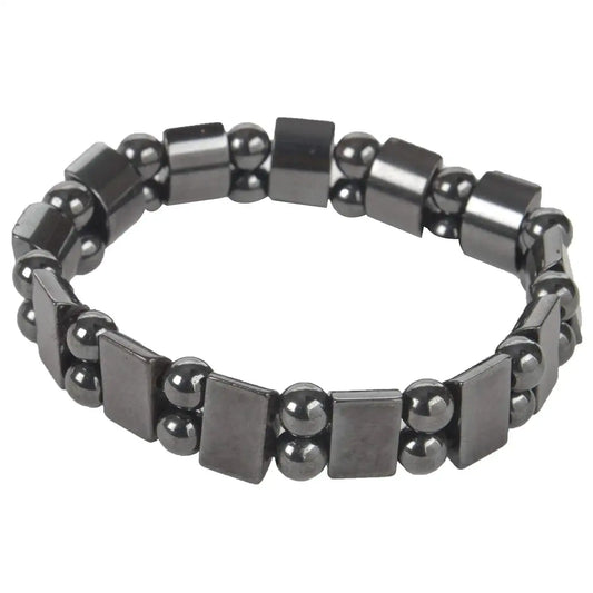 Magnetic acupressure bracelet with dark metallic square links and round beads