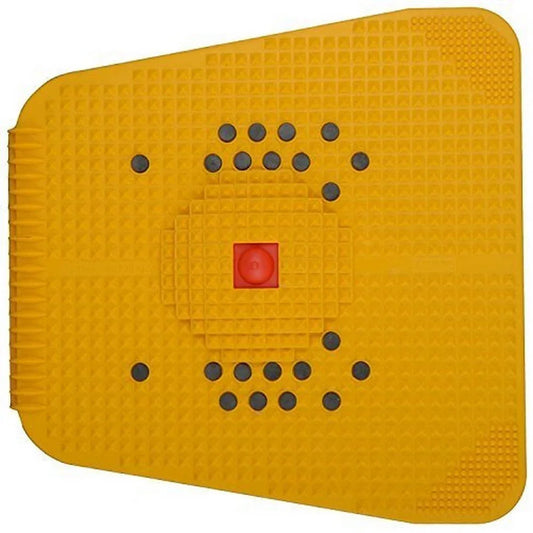 Yellow acupressure magnet pyramid mat with raised dots and red center panel
