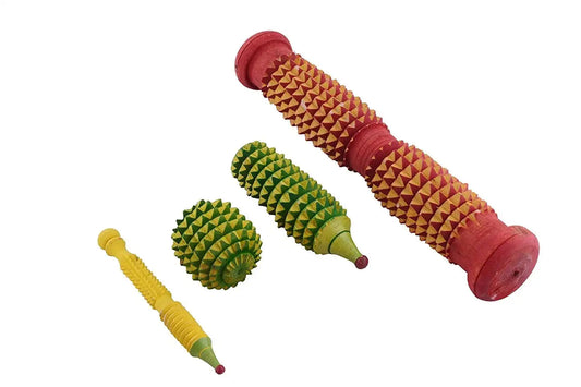 Acupressure massager rollers set with red, green, and yellow spiked cylinders