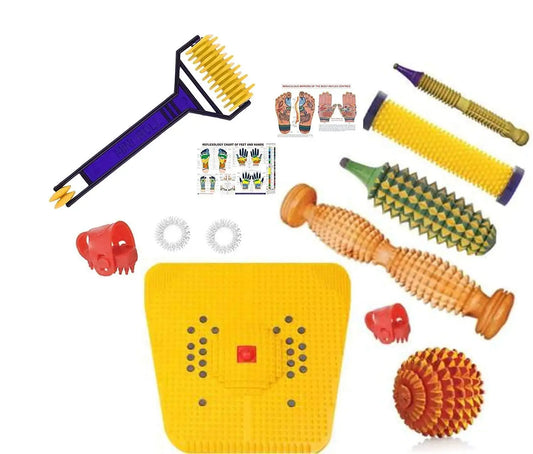 Yellow acupressure stress mat with wooden foot rollers and massage spiky balls