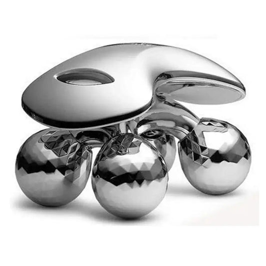 Silver 4D roller massager with four textured metal rollers and curved handle