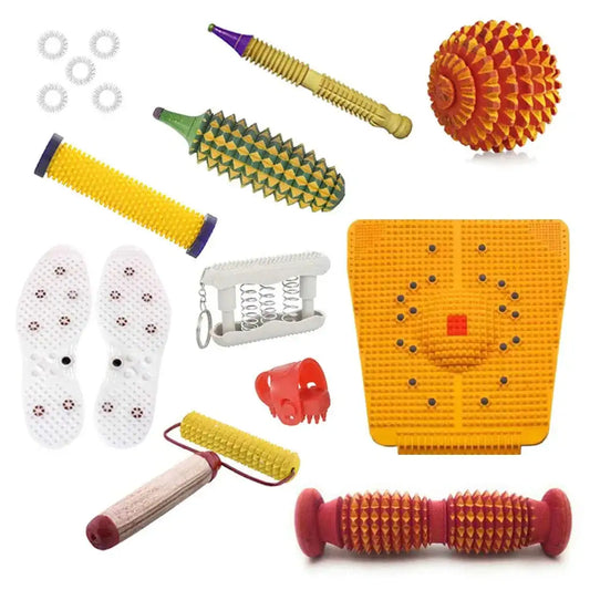 Multicolor acupressure massager tool kit with rollers, foot pads, and round handheld