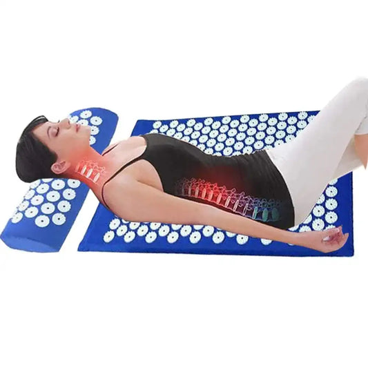 Blue acupressure mat and matching pillow set with raised circular nodes
