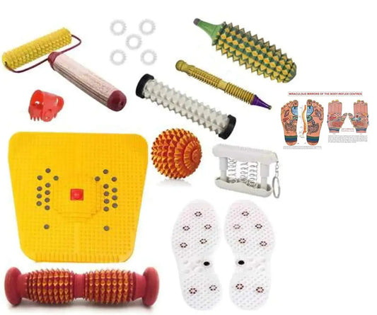 Yellow acupressure mat kit with foot roller, spiky tools, and massage socks