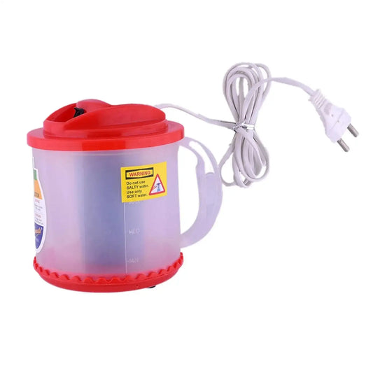 Portable vaporizer mug with red base, white body, lid, and attached power cord