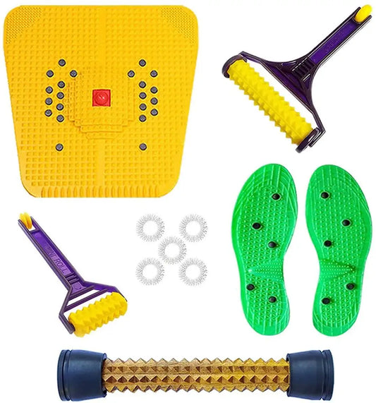 Acupressure mat and roller set with yellow foot mat, purple roller, green shoes and blue handles