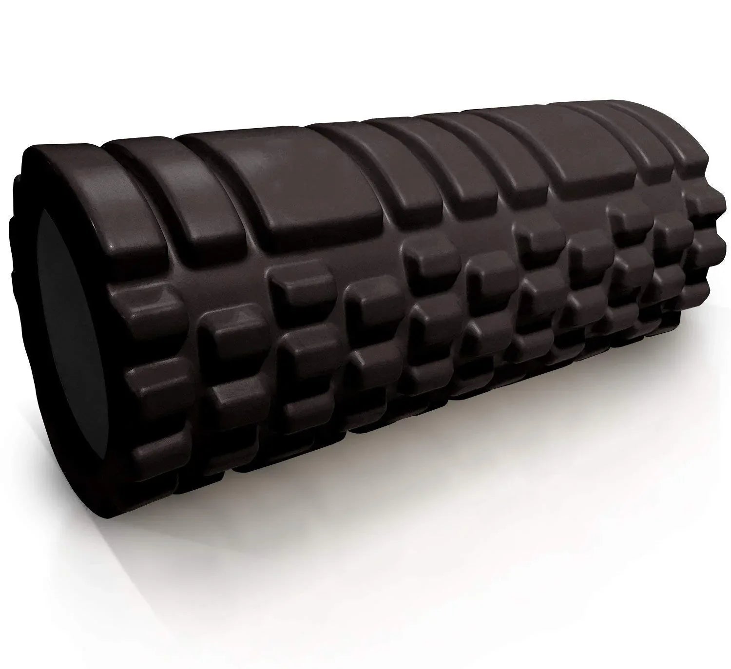 Dark EVA foam roller with bumpy grid texture and solid cylindrical core