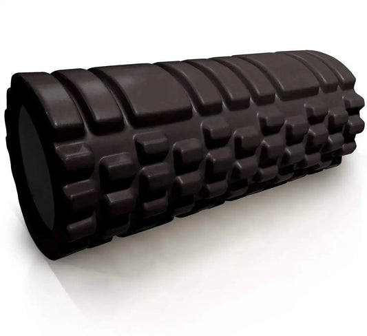 Dark EVA foam roller with bumpy grid texture and solid cylindrical core