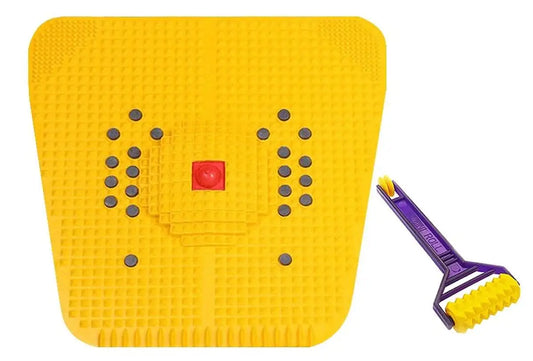 Yellow acupressure mat with raised nodes and matching roller for foot or back