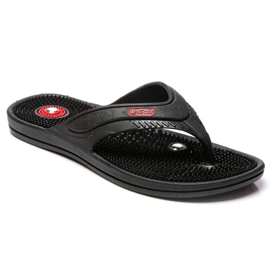 Black acupressure slide sandals with textured footbed and thong strap, red logo patch