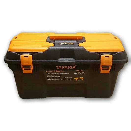 Taparia plastic tool box with organizer, yellow lid and black body, latch handles
