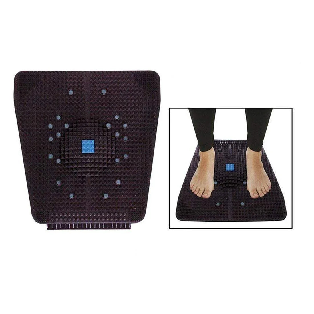 Black acupressure foot mat with raised stud pads and a blue center control block